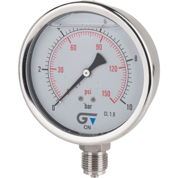 Manómetro Con Glicerina de Ø100 Caja Ac. Inox. Rosca 1/4 M Gas. Salida Inferior1