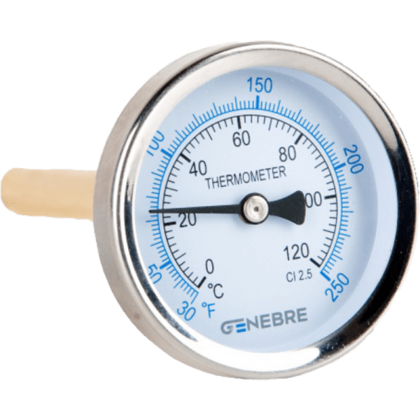 Termómetro Bimetálico Cuerpo de Ac. Zincado 63Ø , 1/2, 0 a 120 °C. Vaina de Latón 50 mm2