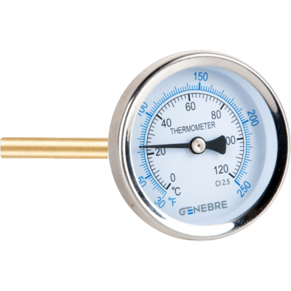 Termómetro Bimetálico Cuerpo de Ac. Zincado 63Ø , 1/2, 0 a 120 °C. Vaina de Latón 100 mm2