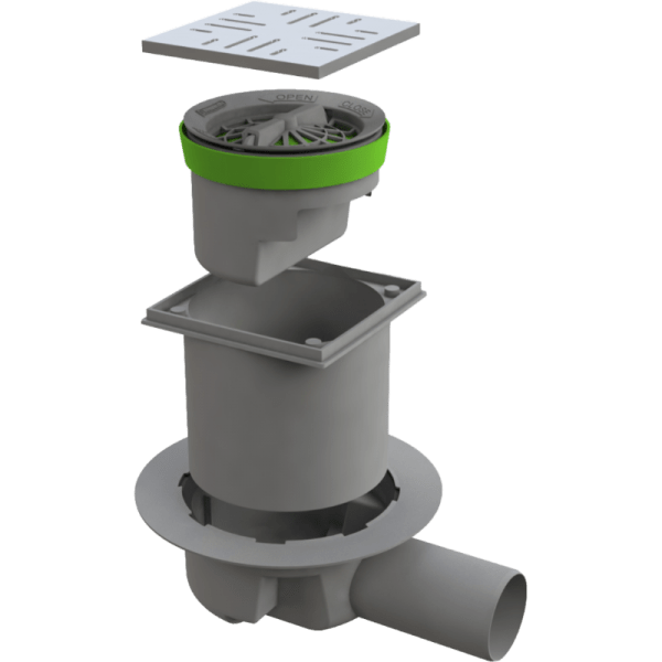 Trampa y Pileta Para Duchas en Obra de Plástico PVC Gris y Pileta de 10 x 10 cm Ac. Inox. 0