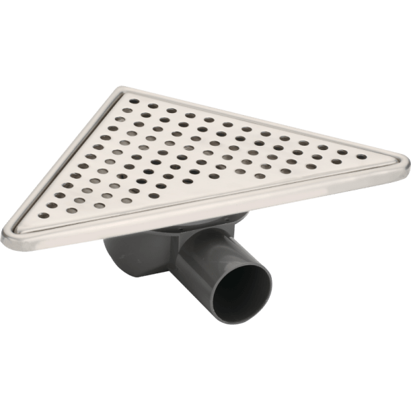 Pileta de Ac. Inox Para Receptáculos en Obra Con Trampa de PVC Salida Ø40 mm, 20 x 20 cm. Rejilla Triangular Para Esquinas 0