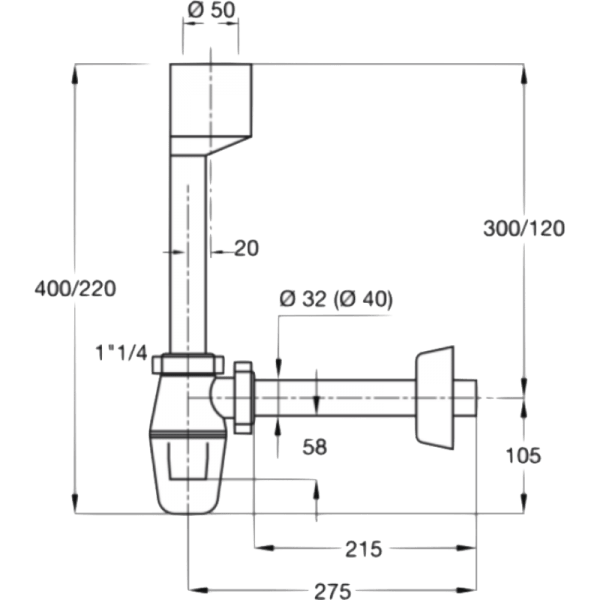 Sifón de Plástico PP 1 1/4 Ø32 X 230 mm2