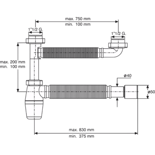 Sifón de Lavaplatos Con Conectores Flexibles, Tuerca de 1 1/2 y Salida Para Ø40/50 mm2