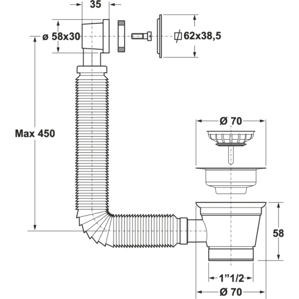 Desagüe con Plato de Ø70 Para Lavaplatos, Con Perforación de Ø55 Salida de 1 1/22