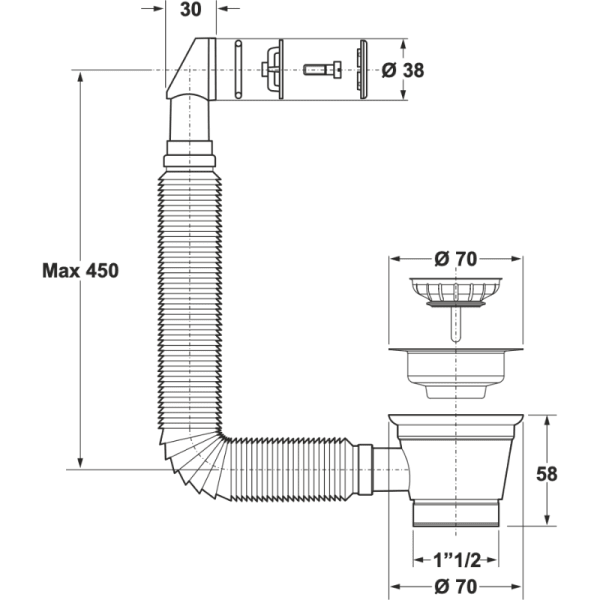 Desagüe con Plato de Ø70 Para Lavaplatos, Con Perforación de Ø55 Salida de 1 1/24