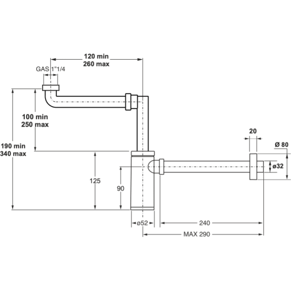Sifón de Plástico PP 1 1/4 Ø32 X 250 mm2