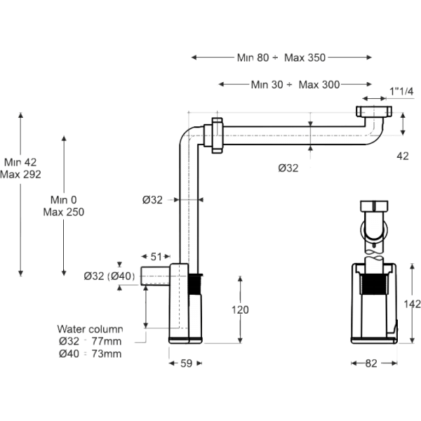 Sifón Mural Ahorro de Espacio Para Lavatorio/Urinario. Salida de Ø32 mm Con Tapón de Registro2