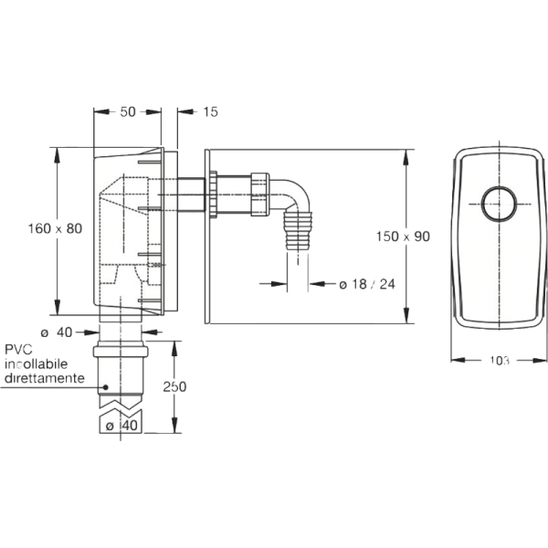 Trampa Para Una Descarga Con Tapa de Plástico ABS. Hilo 1 HE o Unión Manguera de Ø18/24 mm y Ø12 mm2
