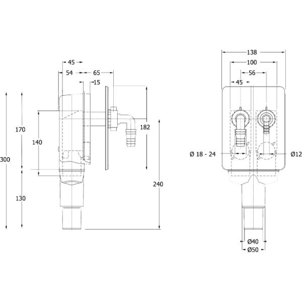 Trampa Para Dos Descarga Con Tapa de Ac. Inox. Hilo 1 HE o Unión Manguera de Ø18/24 mm y Ø12 mm2