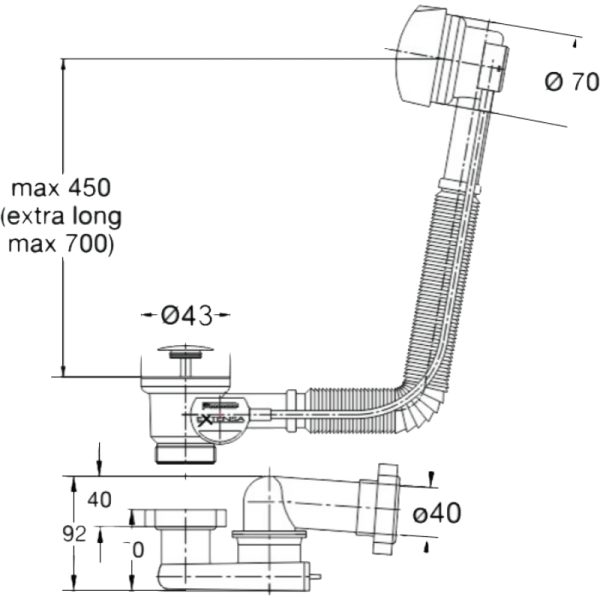 Desagüe Para Tina Plástico PP Blanco, 45 cm de Largo, Salida Ø40 mm o 1 1/2 HE4