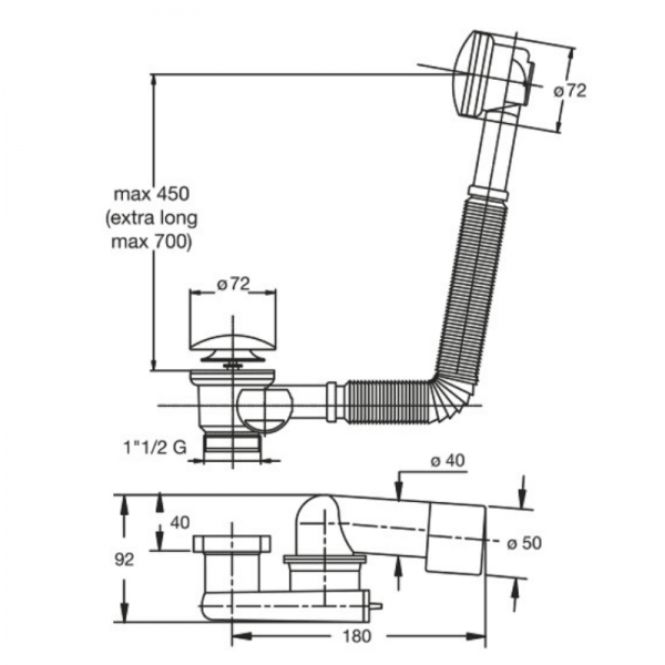 Desagüe Para Tina Plástico PP Blanco, 45 cm de Largo, Salida Ø40 mm o 1 1/2 HE2