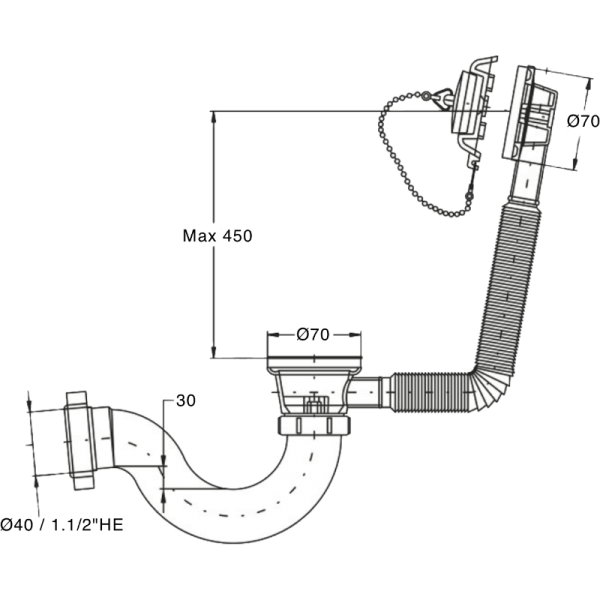Desagüe Para Tina Plástico PP Blanco, 45 cm de Largo, Salida Ø40 mm o Ø50 mm2