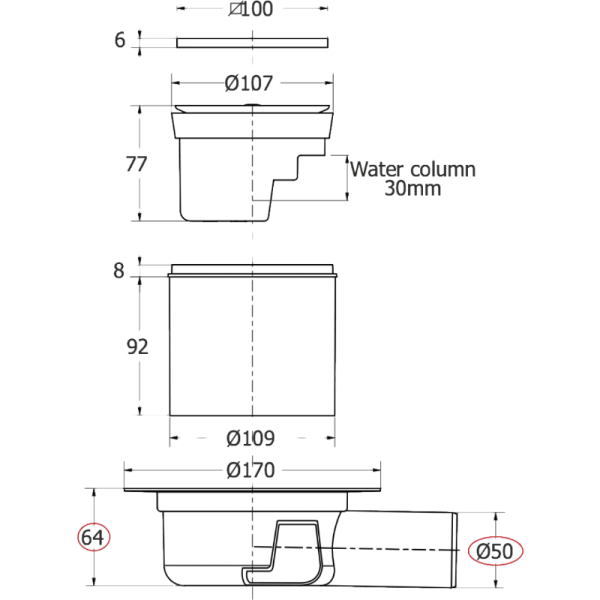 Trampa y Pileta Para Duchas en Obra de Plástico PVC Gris y Pileta de 10 x 10 cm Ac. Inox.2