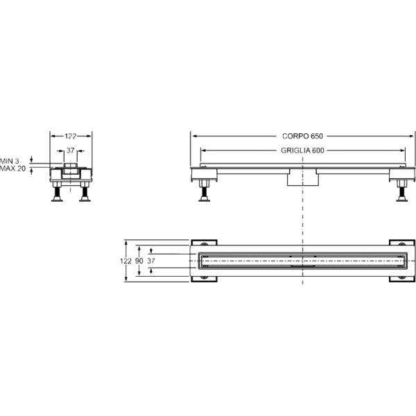 Canaletas Sumidero Para Ducha en Obra Plástico ABS de 65 cm Grilla de 60 cm Reversible2