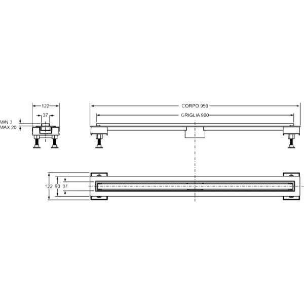 Canaletas Sumidero Para Ducha en Obra Plástico ABS de 95 cm Grilla de 90 cm Reversible2