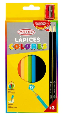 Lápices 12 colores Artel + 2 grafitos y sacapunta1