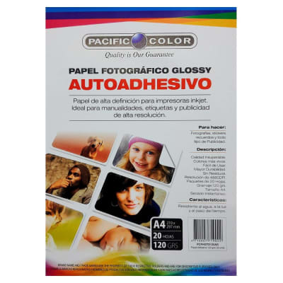 Papel fotográfico autoadhesivo glossy A4 120grs 20hjs Pacific Color1