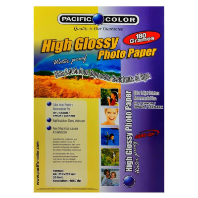 Papel fotográfico glossy A4 180grs 20hjs Pacific Color1