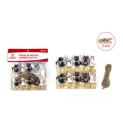 PINZAS DE MADERA CON DISEÑO GATITOS  3.5CM 10PCS1