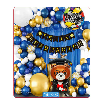 PACK COTILLON GRADUACION CORTINA METALICA, GLOBOS Y BANDERIN GUIRNALDA1