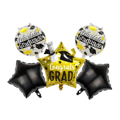 SET GLOBOS GRADUACIÓN NEGRO/DORADO 5PCS1