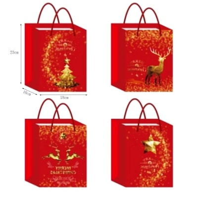 BOLSA DE REGALO NAVIDAD FONDO ROJO DECORACION DORADA  23X18X10CM | 12 UNID1