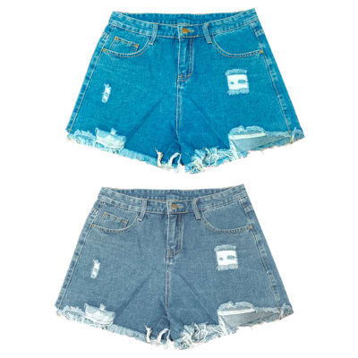 SHORT JEANS PAR MUJER SIN ELASTICO CON DISEÑO DESGASTADO1