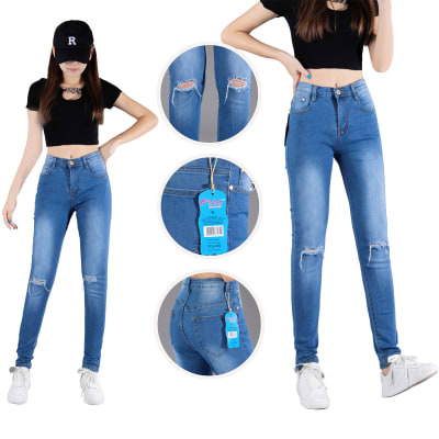 PANTALON JEANS DE MUJER AZUL CORTES EN LA RODILLA  TALLA SURTIDA | 12 UNID1