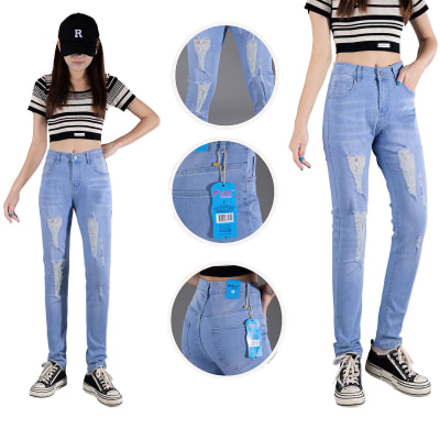 PANTALON JEANS DE MUJER AZUL CLARO RASGADURAS TALLAS SURTIDAS | 12 UNID1