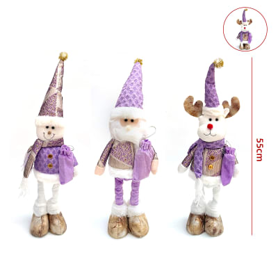 MUÑECO DE NAVIDAD PATAS LARGAS RETRATIL CON LUCES Y SONIDO LILA 55CM1