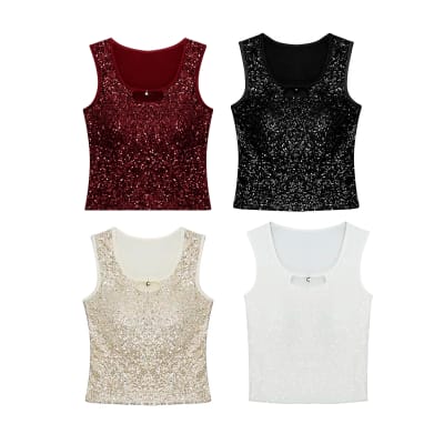 POLERA SIN MANGAS GLITTER MUJER CON COPA PREHORMADA T.U1