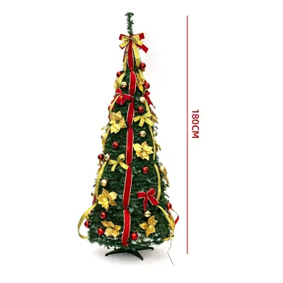 ARBOL PLEGABLE CINTAS ROJAS Y DORADAS 180CM / NAVIDAD POR MAYOR1