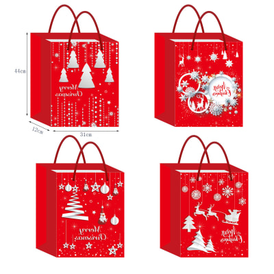 BOLSA DE REGALO NAVIDA FONDO ROJO COPOS PLATEADOS 44X31X12CM | 12 UNID1