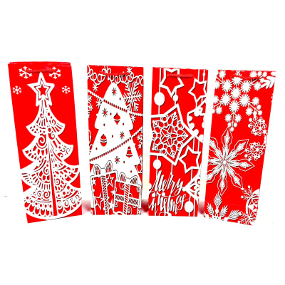 BOLSA DE REGALO NAVIDAD FONDO ROJO ADORNOS PLATEADOS 12.5X8.5X36CM | 12 UNID1