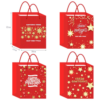 BOLSA DE REGALO NAVIDAD FONDO ROJO ADORNOS DORADOS 32X26X11CM | 12 UNID1