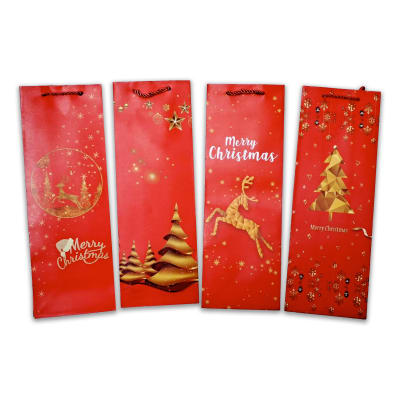 BOLSA DE REGALO NAVIDAD COLOR ROJO ADORNOS DORADOS 12.5X8.5X36CM | 12 UNID1