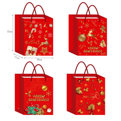 BOLSA DE REGALO NAVIDA FONDO ROJO DETALLES DORADOS 32X26X11CM | 12 UNID1