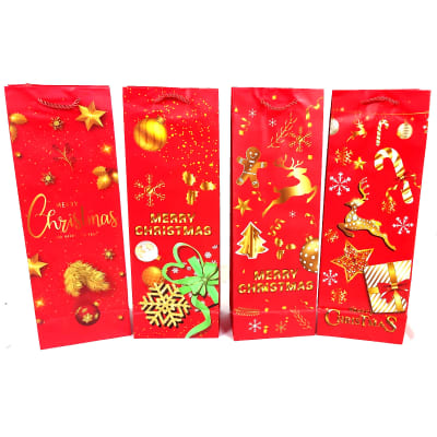 BOLSA DE REGALO NAVIDAD FONDO ROJO ADORNOS  12.5X8.5X36CM | 12 UNID1