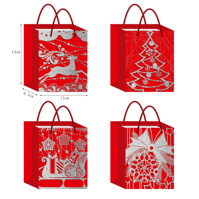 BOLSA DE REGALO NAVIDAD FONDO ROJO ADORNOS SURTIDO 14X11X6.5CM | 12 UNID1