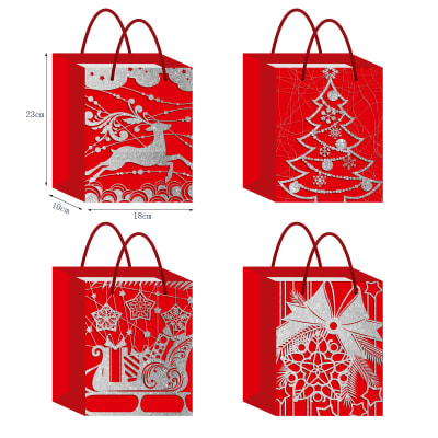 BOLSA DE REGALO NAVIDAD FONDO ROJO DECORAIONES  PLATEADOS  23X18X10CM | 12 UNID1