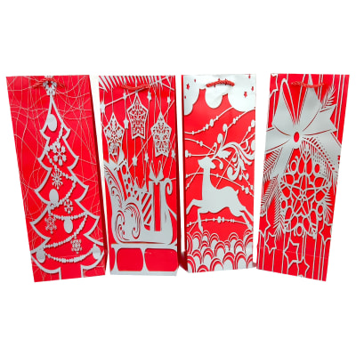 BOLSA DE REGALO NAVIDAD FONDO ROJO DISEÑOS PLATEADOS 12.5X8.5X36CM | 12 UNID1