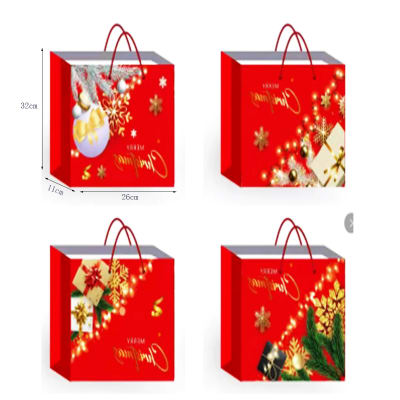 BOLSA DE REGALO NAVIDA FONDO ROJO DESTELLOS DORADOS 32X26X11CM | 12 UNID1