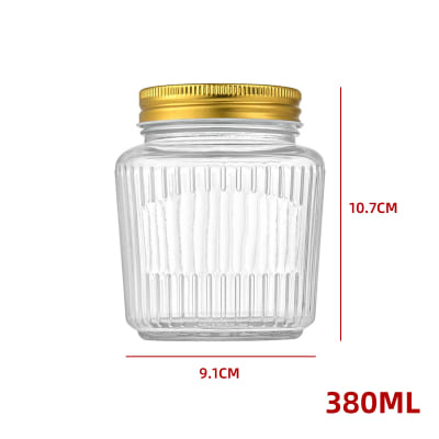 FRASCO DE VIDRIO  ACANALADO CON TAPA ALUMINIO DORADO 380 ML1