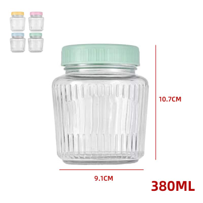 FRASCO DE VIDRIO ACANALADO CON TAPA  PLASTICO 380 ML1