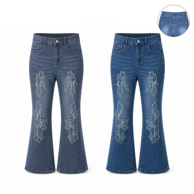 JEANS PALAZZO ELASTICADO MUJER BORDADO FLORES TALLAS  38 40 42 44 461