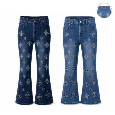 JEANS PALAZZO ELASTICADO MUJER BORDADO MINI FLORES TALLAS  38 40 42 44 461