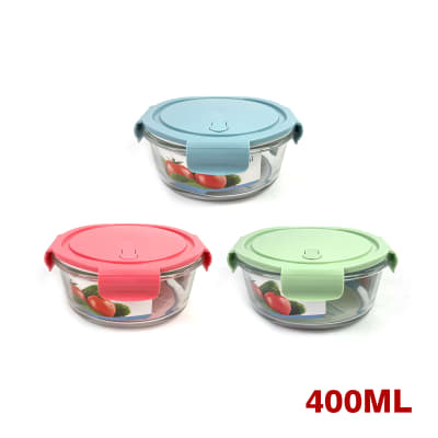 CONTENEDOR HERMÉTICO VIDRIO REDONDO 400 ML | COLORES SURTIDOS1