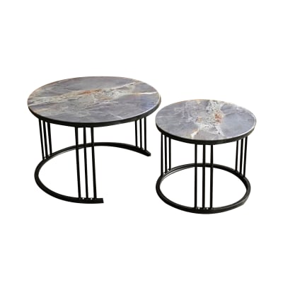 Set 2 Mesas Centro Circular Gris Diseño Marmol 70X70 - 50X50 cm1