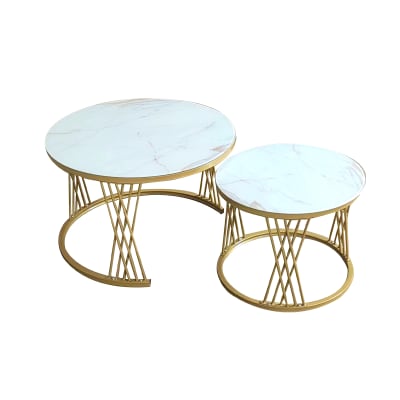 Set 2 Mesas Centro Circular Doradas Diseño Marmol Blanco 70X70 - 50X50 cm1