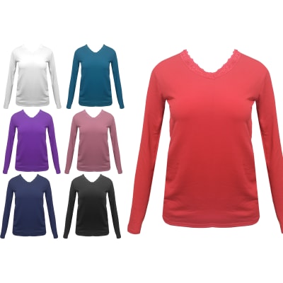 CAMISETA DE MUJER POLAR COLOR SOLIDO CUELLO V | 12 UNID1